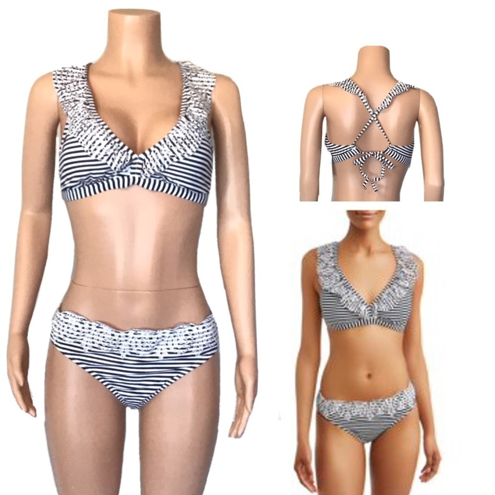 Time and Tru Black and White Striped Eyelet Ruffle Bikini Set Size L-XL